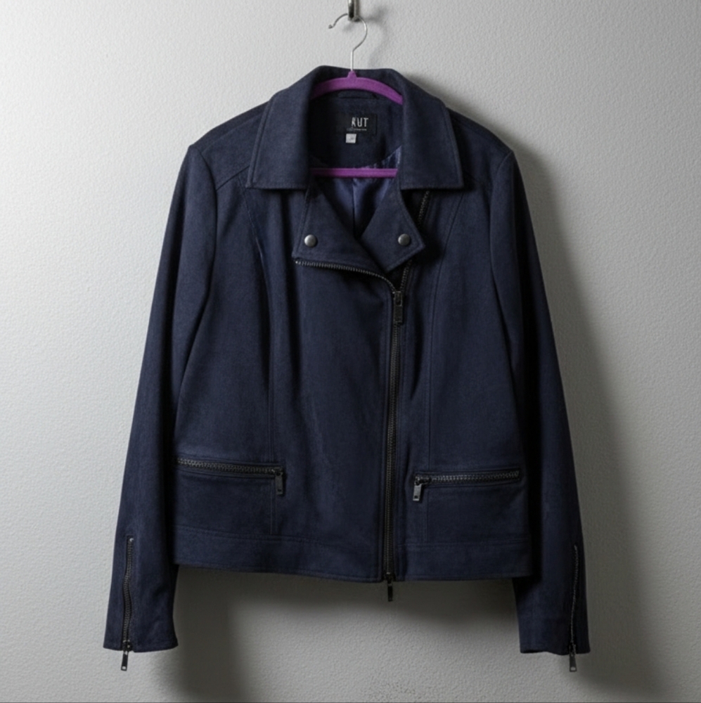 KUT From the Kloth Moto Jacket Size L Navy Faux Suede